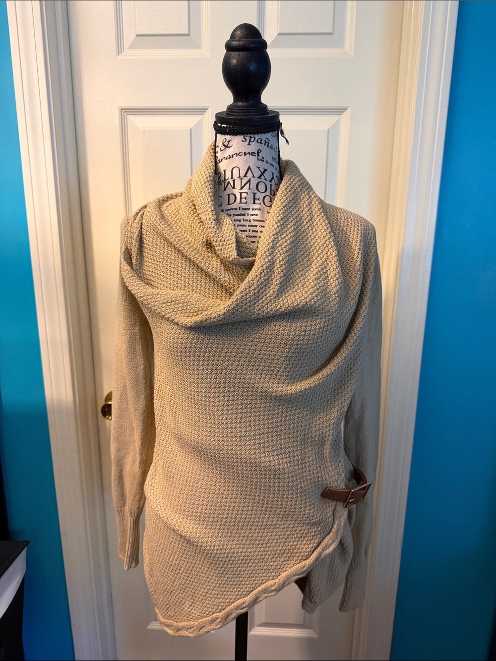 VENUS Cream Asymmetrical Cowl-Neck Sweater with Buckle